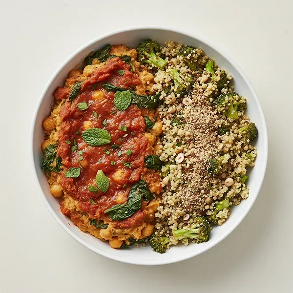 Chickpea & Spinach Siniyah with Dukkah Quinoa Broccoli Mix